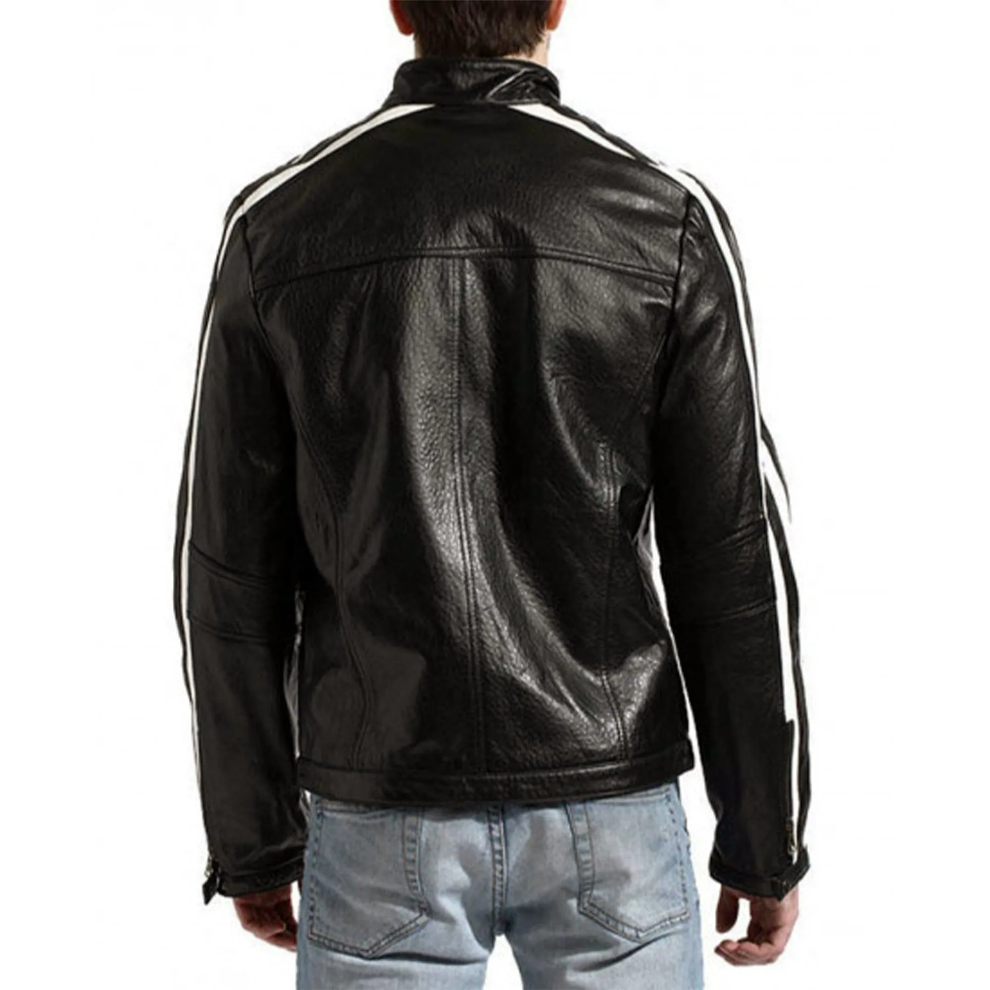 Men's Snap Tab Collar Motorcycle Style Jacket with Striped Sleeves