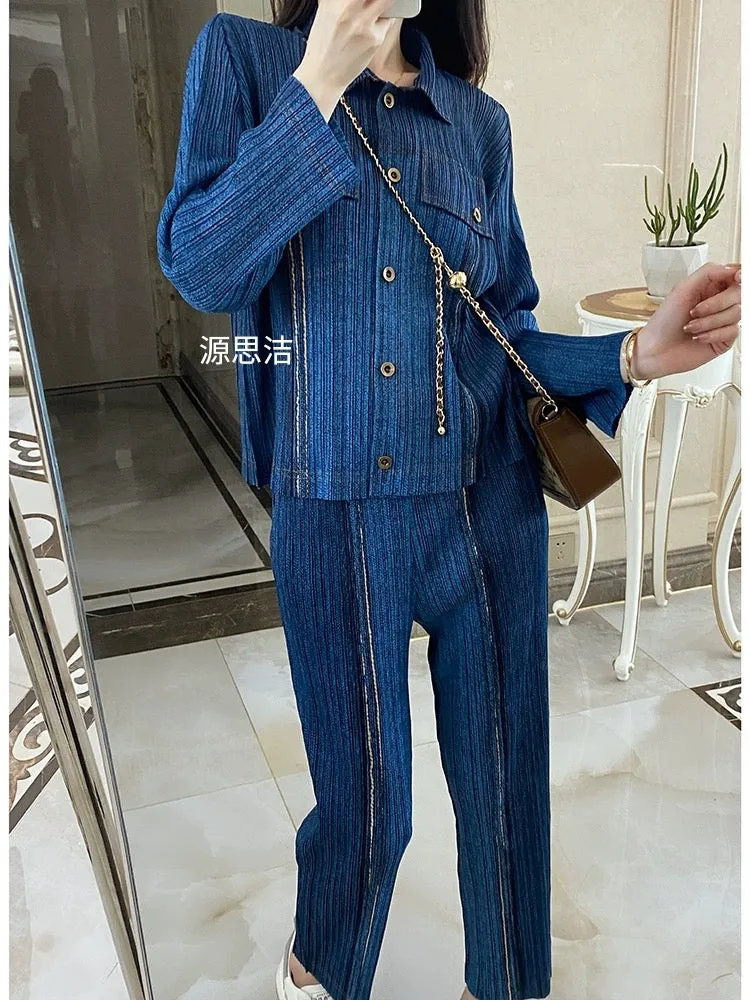 Miyake Imitation Denim Printed Pleated Suit Women's 2024 Spring and Autumn Fashion Casual Short Jacket Pants Two-piece Thin Set