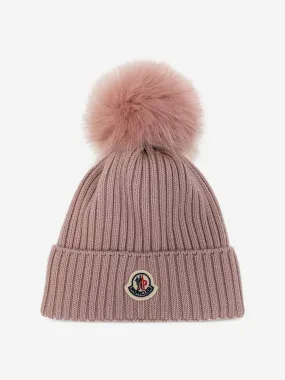 Moncler Enfant Girls Wool Pom Pom Hat in Pink