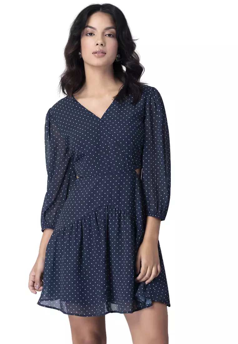 Navy Polka Waist Cut Out Wrap Dress