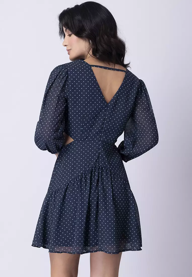 Navy Polka Waist Cut Out Wrap Dress