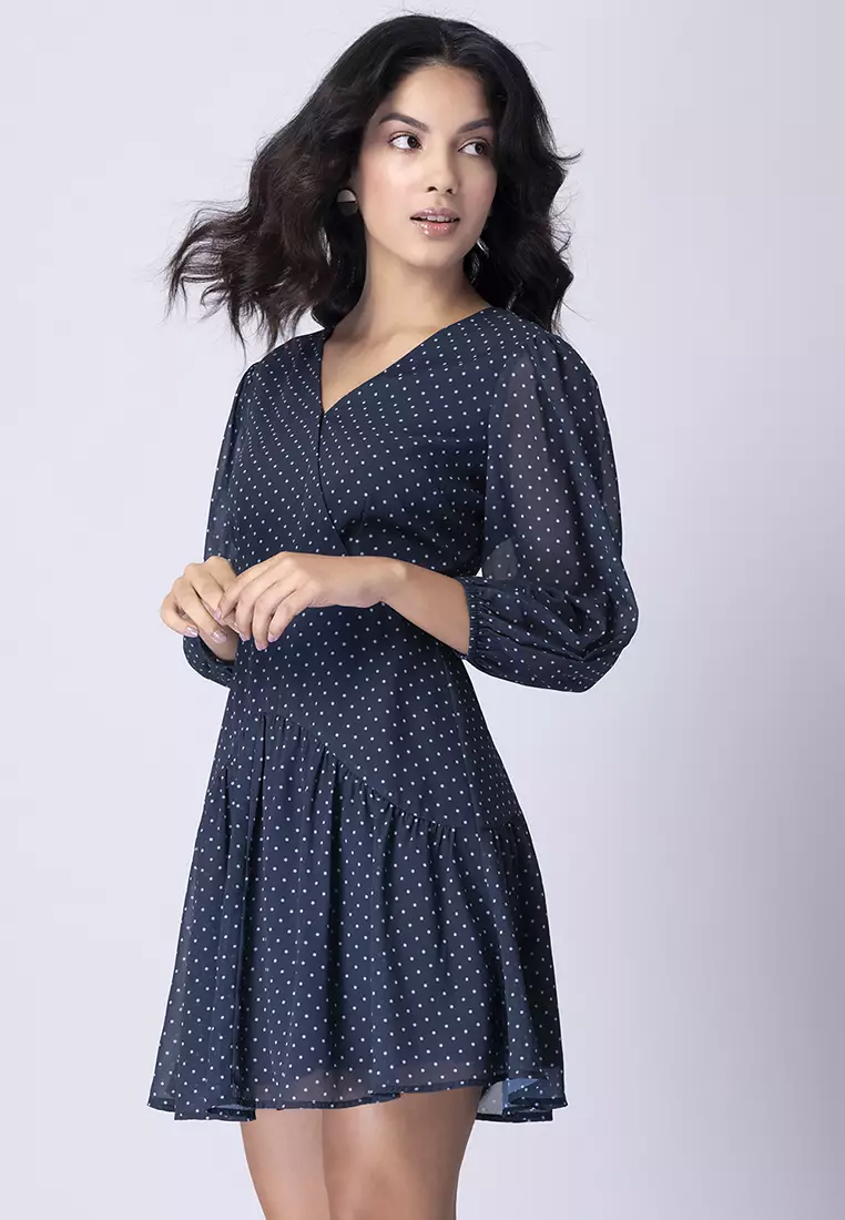 Navy Polka Waist Cut Out Wrap Dress