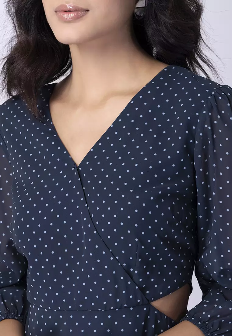 Navy Polka Waist Cut Out Wrap Dress