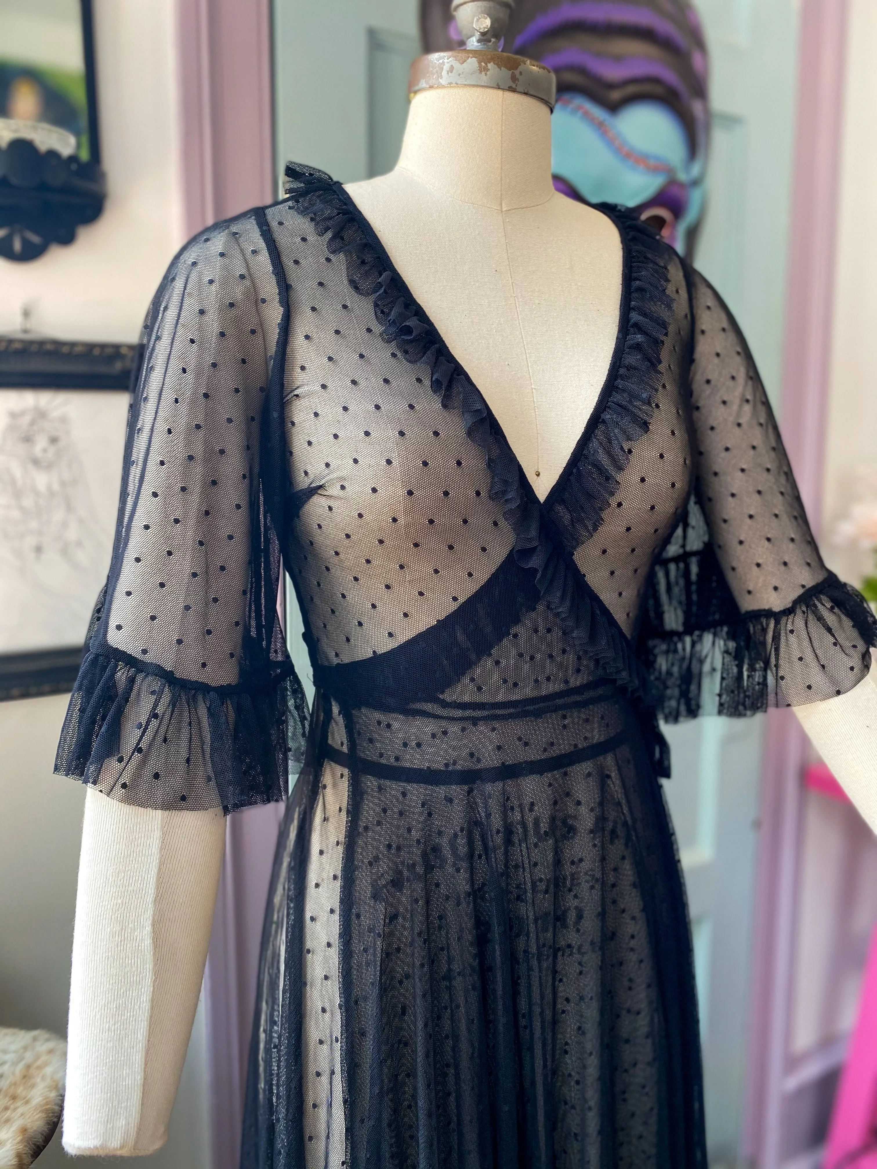 Odile Wrap Dress in Black Mesh Dot