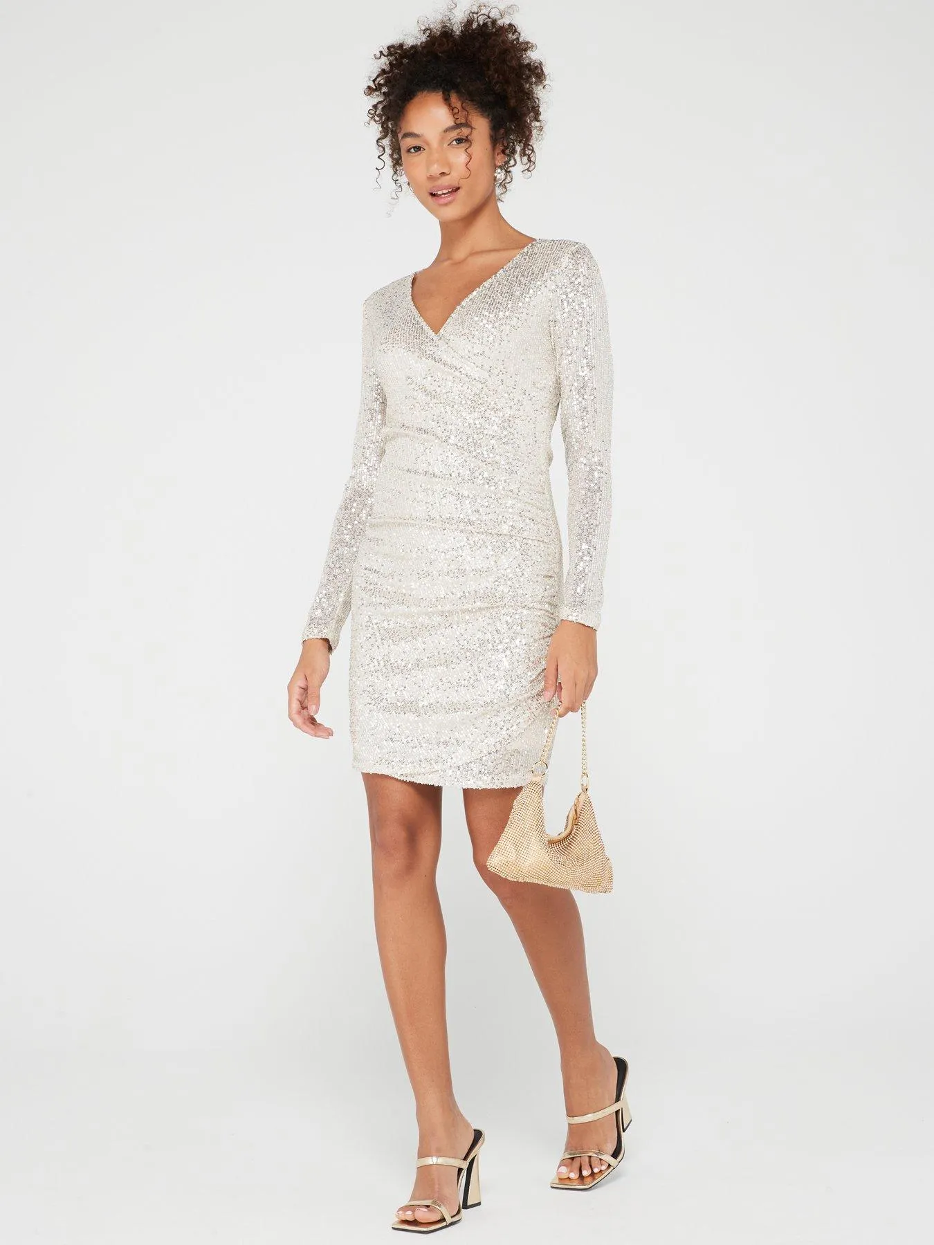 PIECES Delphia Sequin Wrap Dress - Neutral