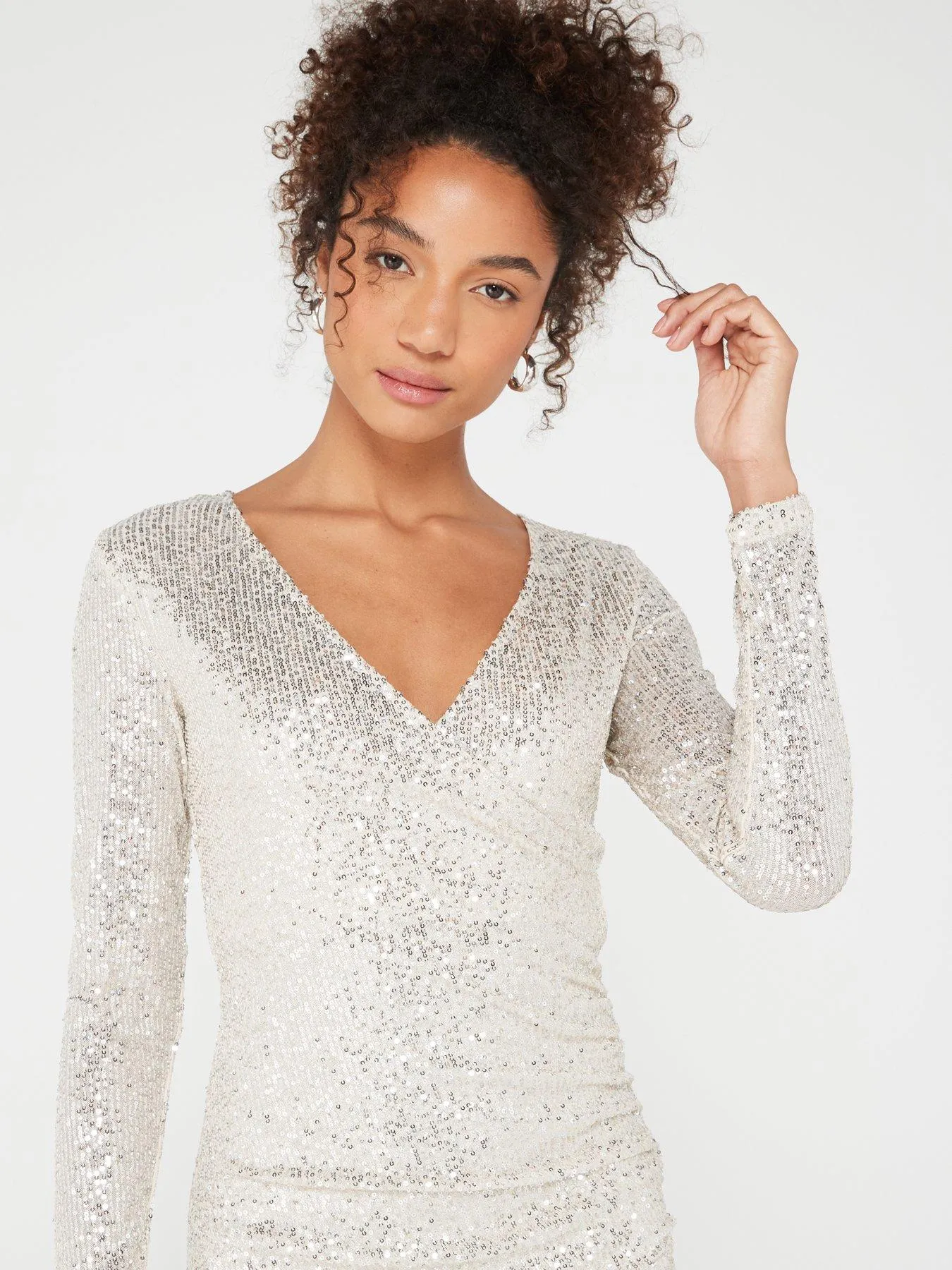 PIECES Delphia Sequin Wrap Dress - Neutral