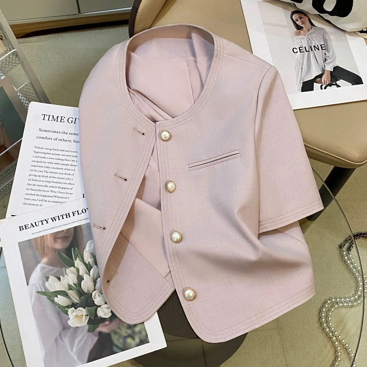 Pink small fragrance style suit jacket for women 2024 summer new style pearl button design high-end luxury top for ladies