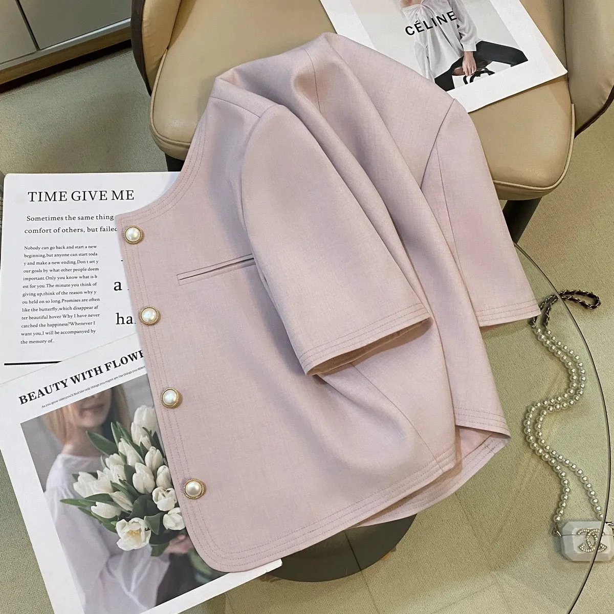 Pink small fragrance style suit jacket for women 2024 summer new style pearl button design high-end luxury top for ladies