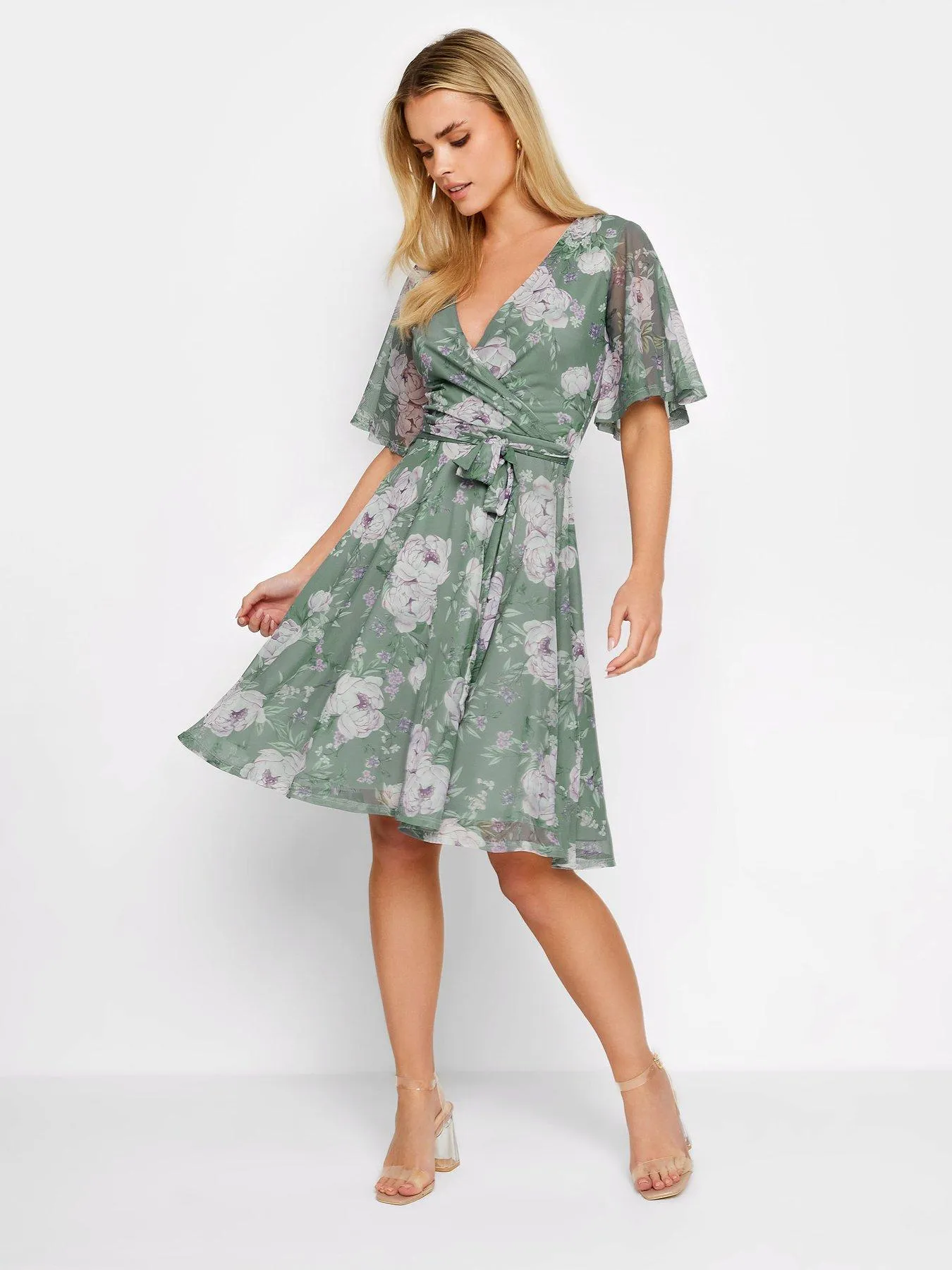 PixieGirl Petite Sage Floral Mesh Wrap Dress