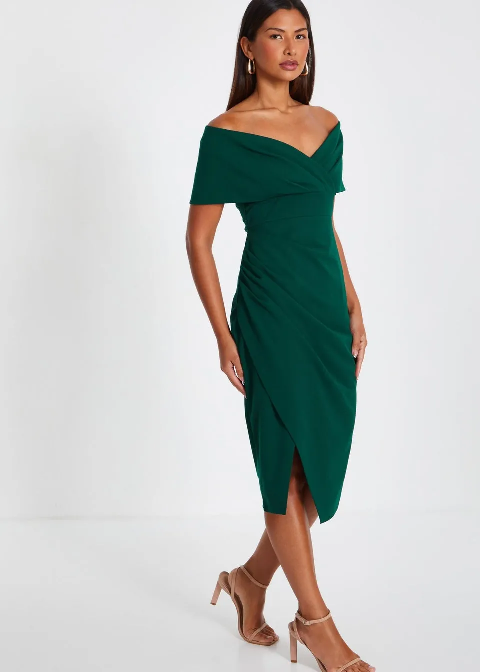 Quiz Green Bardot Ruched Wrap Midi Dress