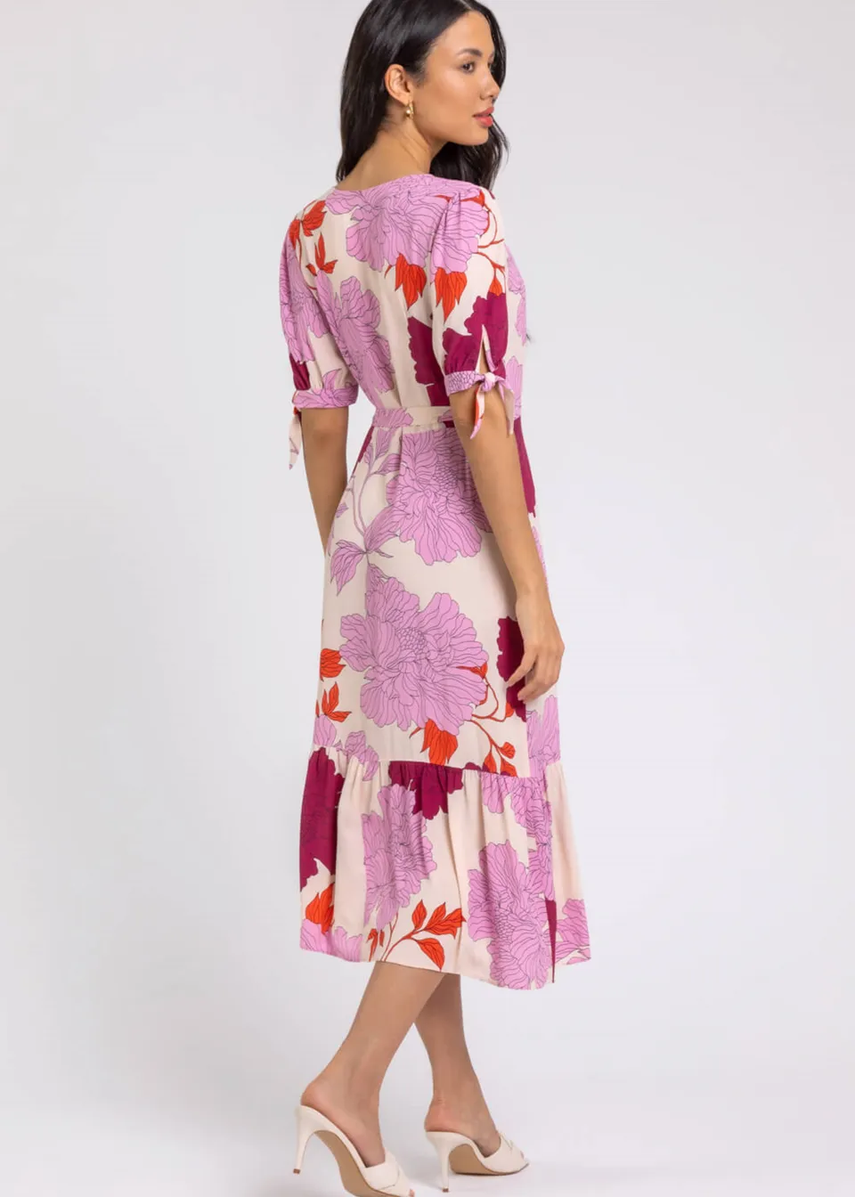 Roman Mauve Floral Frill Hem Wrap Midi Dress