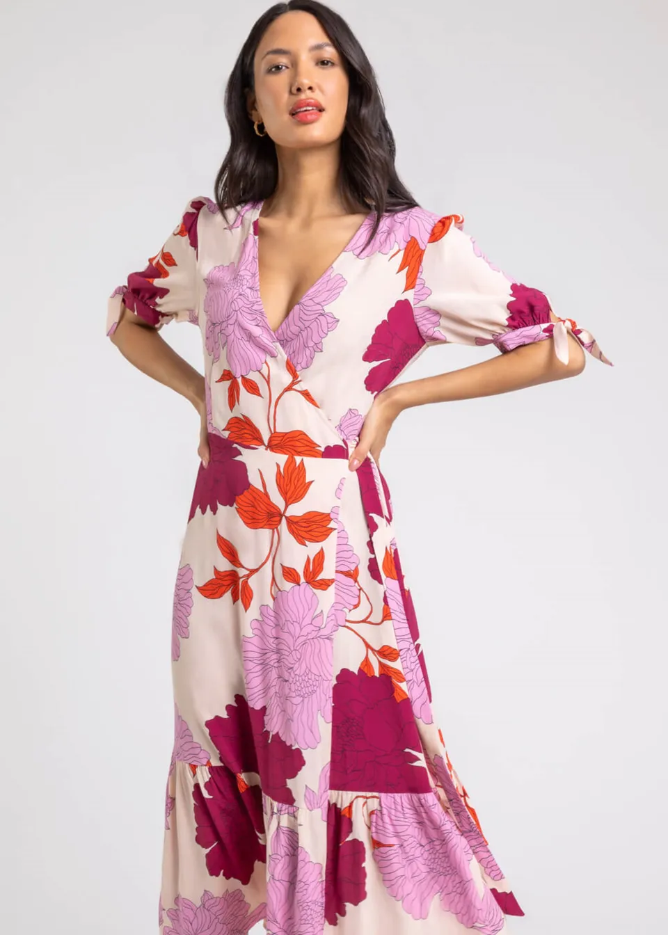 Roman Mauve Floral Frill Hem Wrap Midi Dress