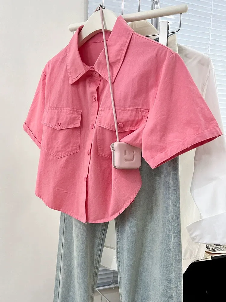 Rose red right shoulder short-sleeved shirt for women summer 2024 new design niche petite shirt jacket top