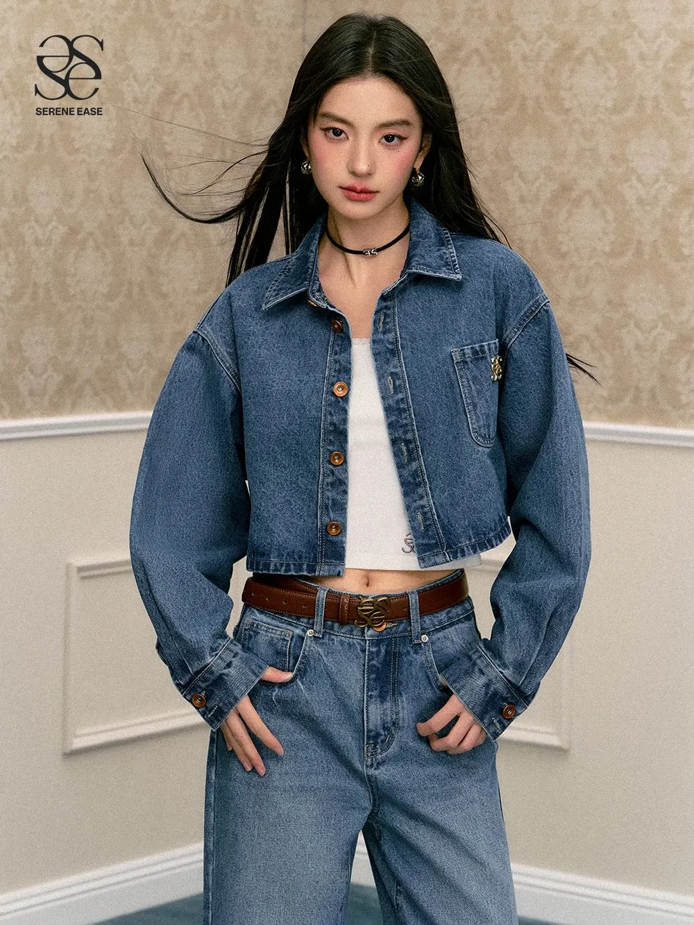 SereneEase American retro college style dark blue denim suit short wide boxy denim jacket