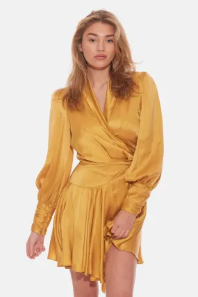 Silk Wrap Mini Dress Gold