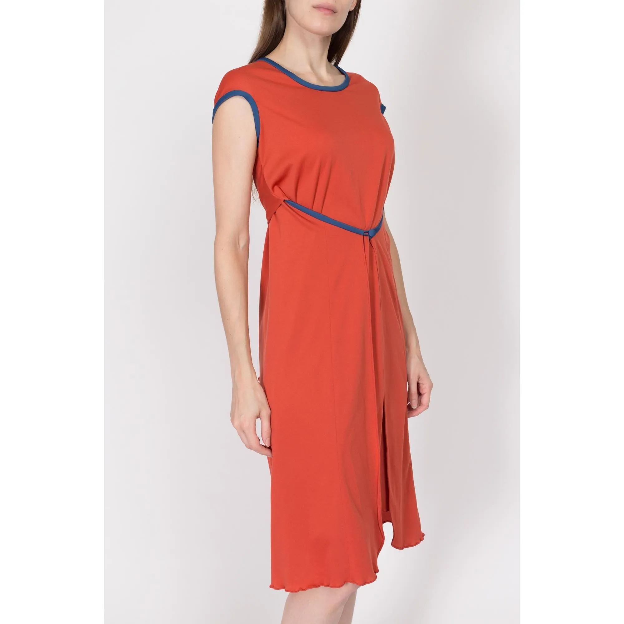 Small 70s Burnt Orange Wrap Overlay Midi Dress