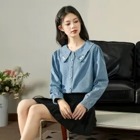 Tangshi 2024 early spring new denim shirt thin design niche shirt jacket female doll collar long sleeve