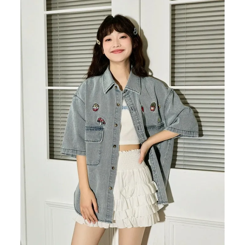 Tangshi 2024 summer new short-sleeved denim shirt for women embroidered American retro jacket casual t-shirt jacket for women