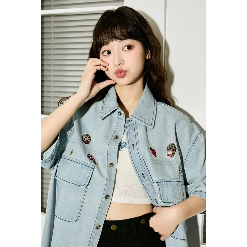 Tangshi 2024 summer new short-sleeved denim shirt for women embroidered American retro jacket casual t-shirt jacket for women