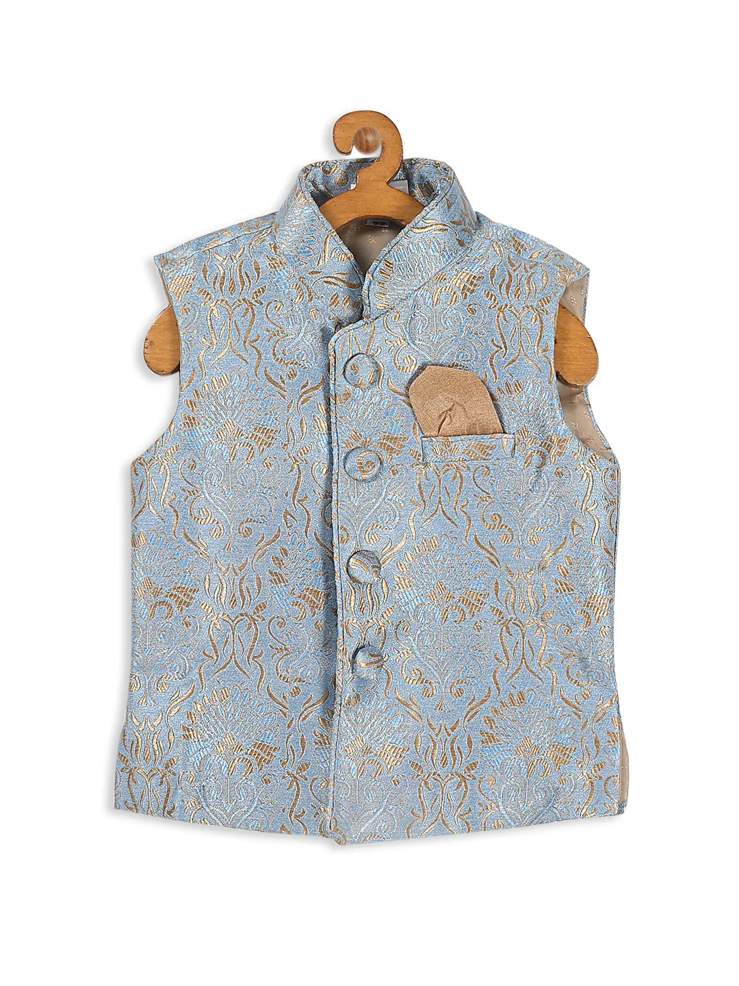 VASTRAMAY SISHU Boy's Grey & Gold -Colored Woven Design Nehru Jacket