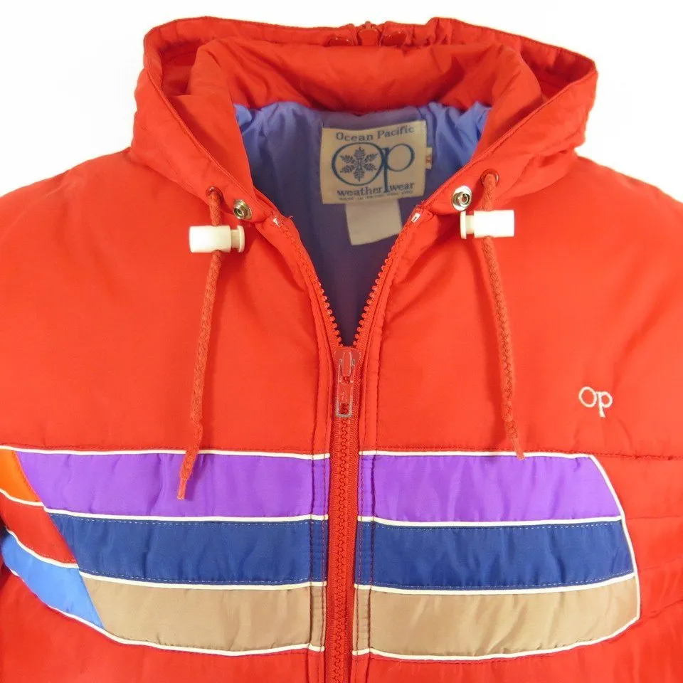 Vintage 80s OP Ocean Pacific Puffy Retro Stripes Ski Hooded Jacket XL