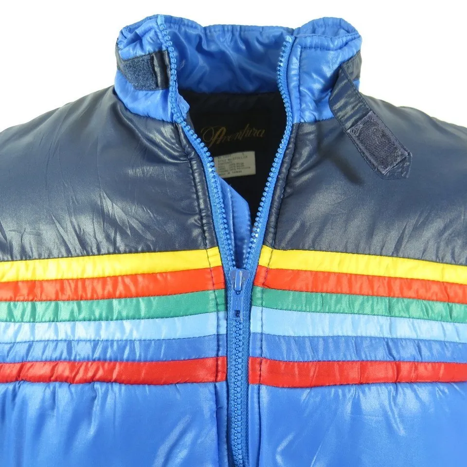 Vintage 80s Ski Jacket Mens L Retro Puffy Rainbow Stripe Aventura Nylon