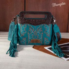 WG110-2022  Wrangler Top Handle Embroidered Fringe Mini Tote/Crossbody -Turquoise