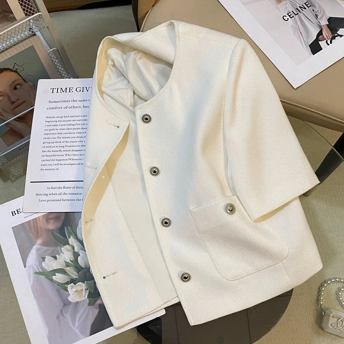 White small fragrant style suit jacket for women 2024 summer new Korean version high-end all-match temperament short-sleeved top