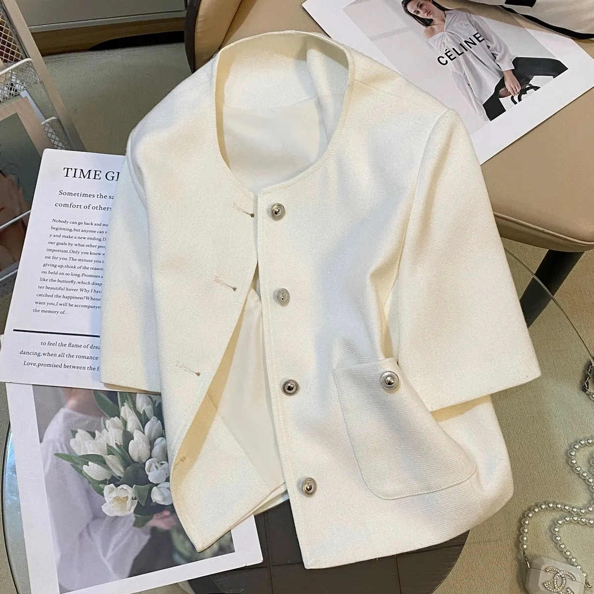 White small fragrant style suit jacket for women 2024 summer new Korean version high-end all-match temperament short-sleeved top