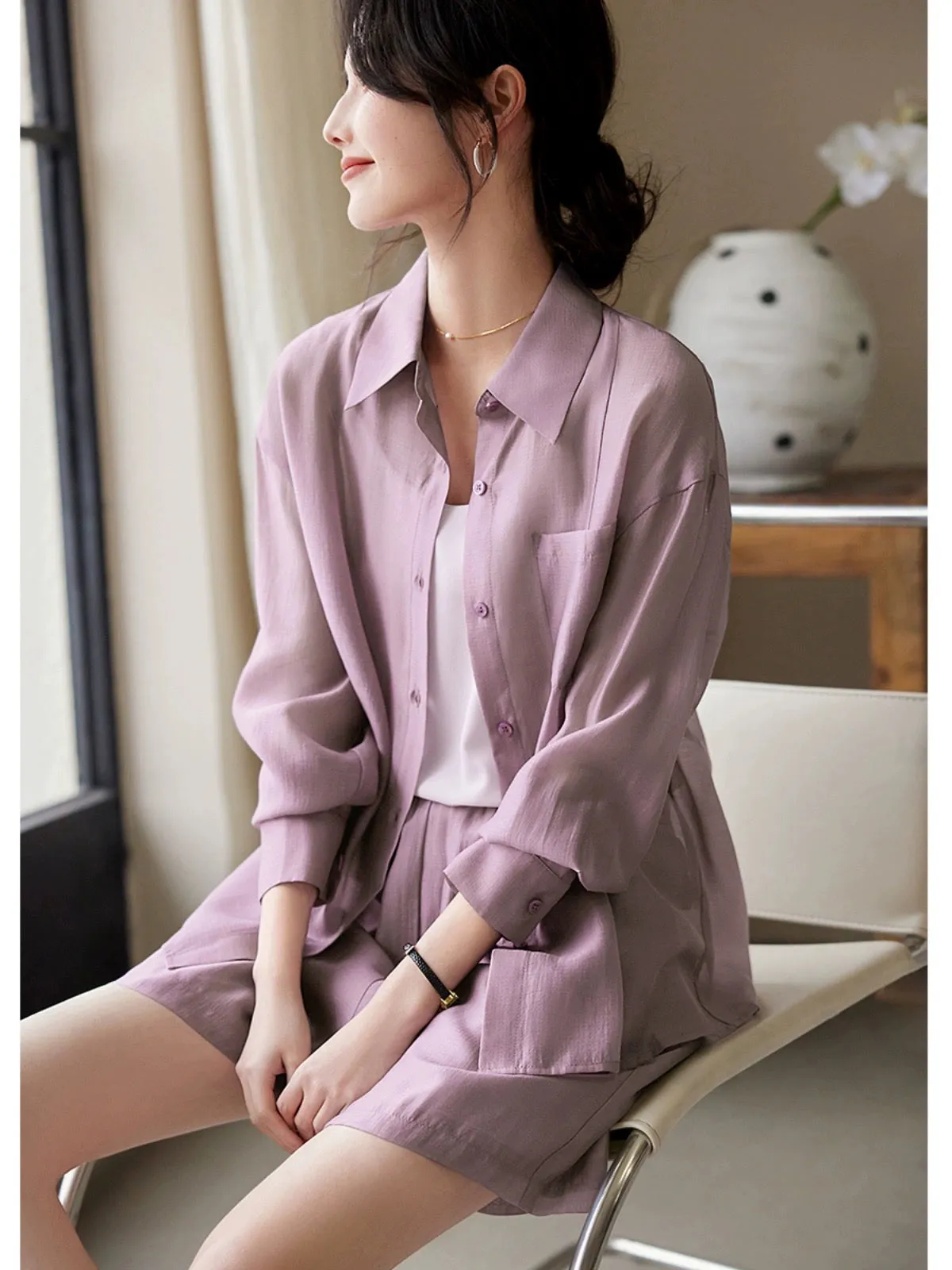 XWI/Xinwei Tencel shirt jacket suit women's summer elegant temperament simple sun protection top shorts two-piece set