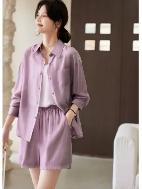 XWI/Xinwei Tencel shirt jacket suit women's summer elegant temperament simple sun protection top shorts two-piece set