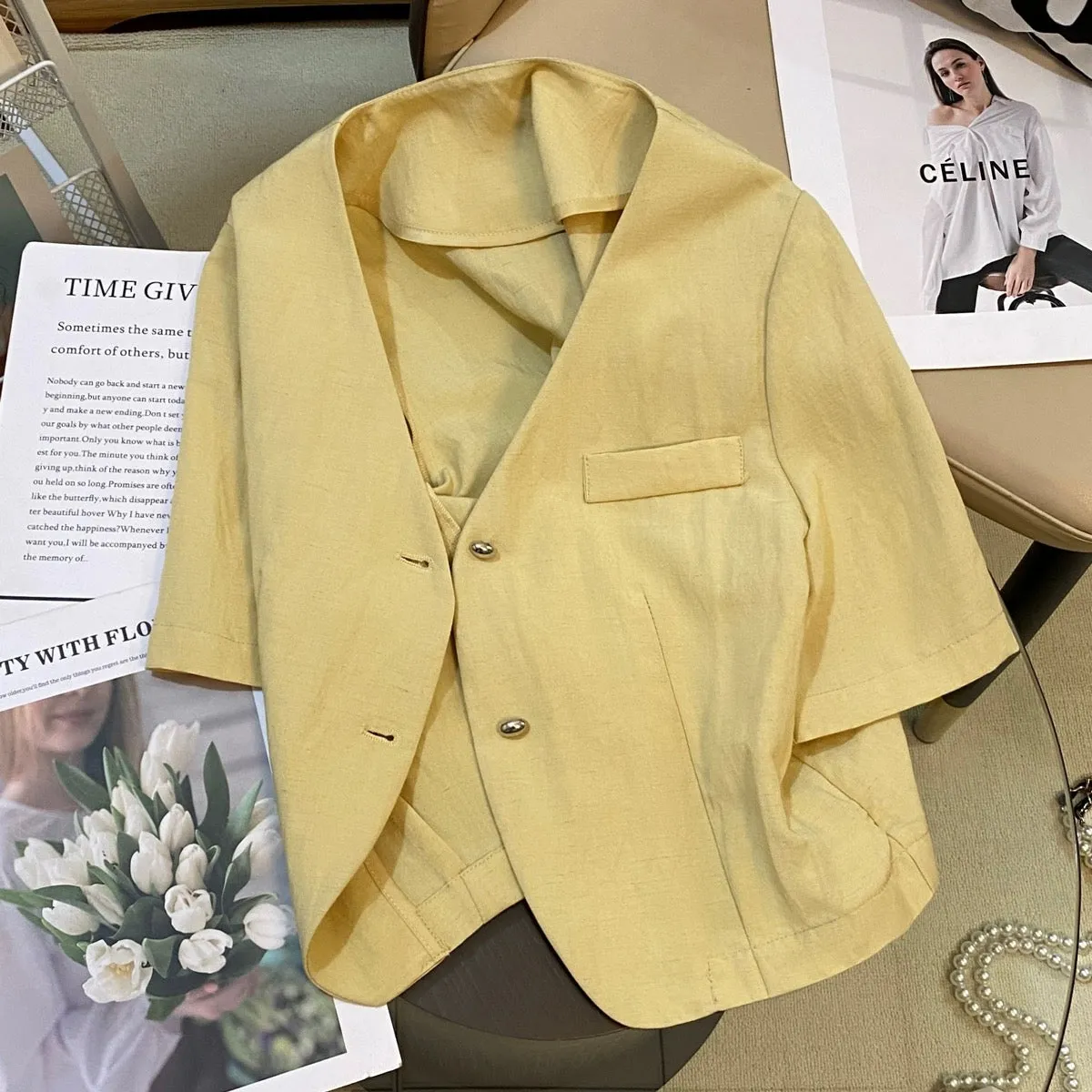 Yellow small fragrant style suit jacket for women 2024 summer new Korean slim fashion popular versatile thin top