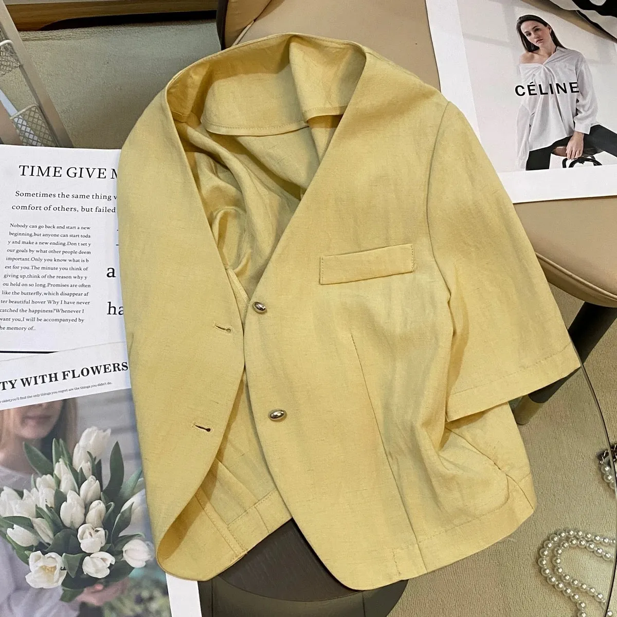 Yellow small fragrant style suit jacket for women 2024 summer new Korean slim fashion popular versatile thin top