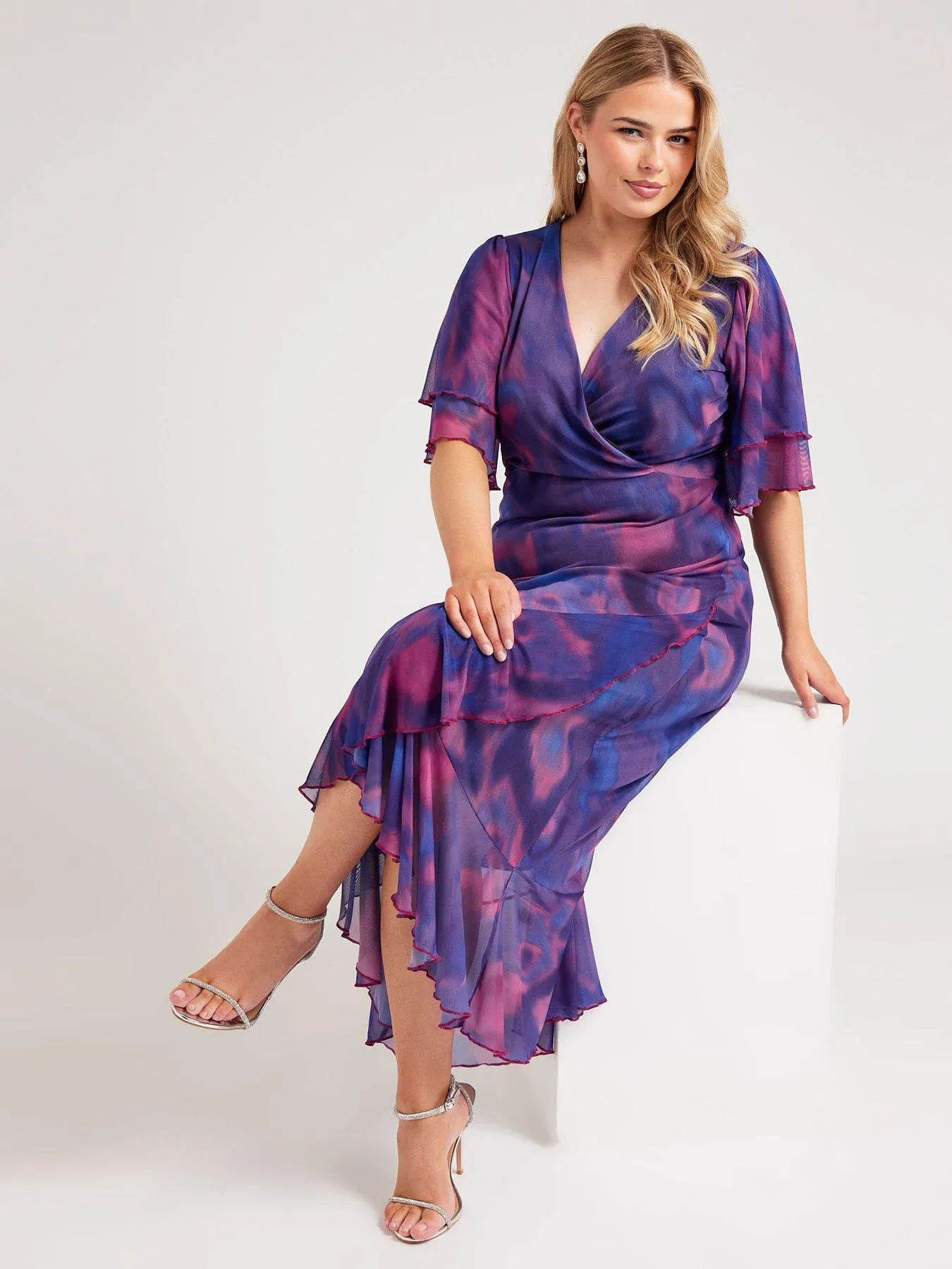 Yours Curve Abstract Ruffle Wrap Mesh Dress - Purple