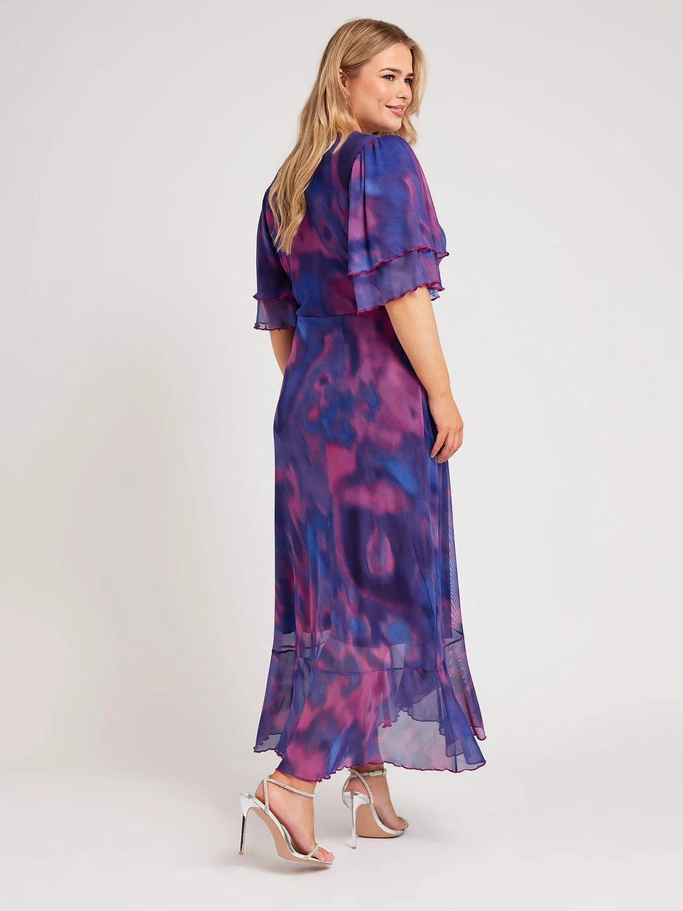 Yours Curve Abstract Ruffle Wrap Mesh Dress - Purple