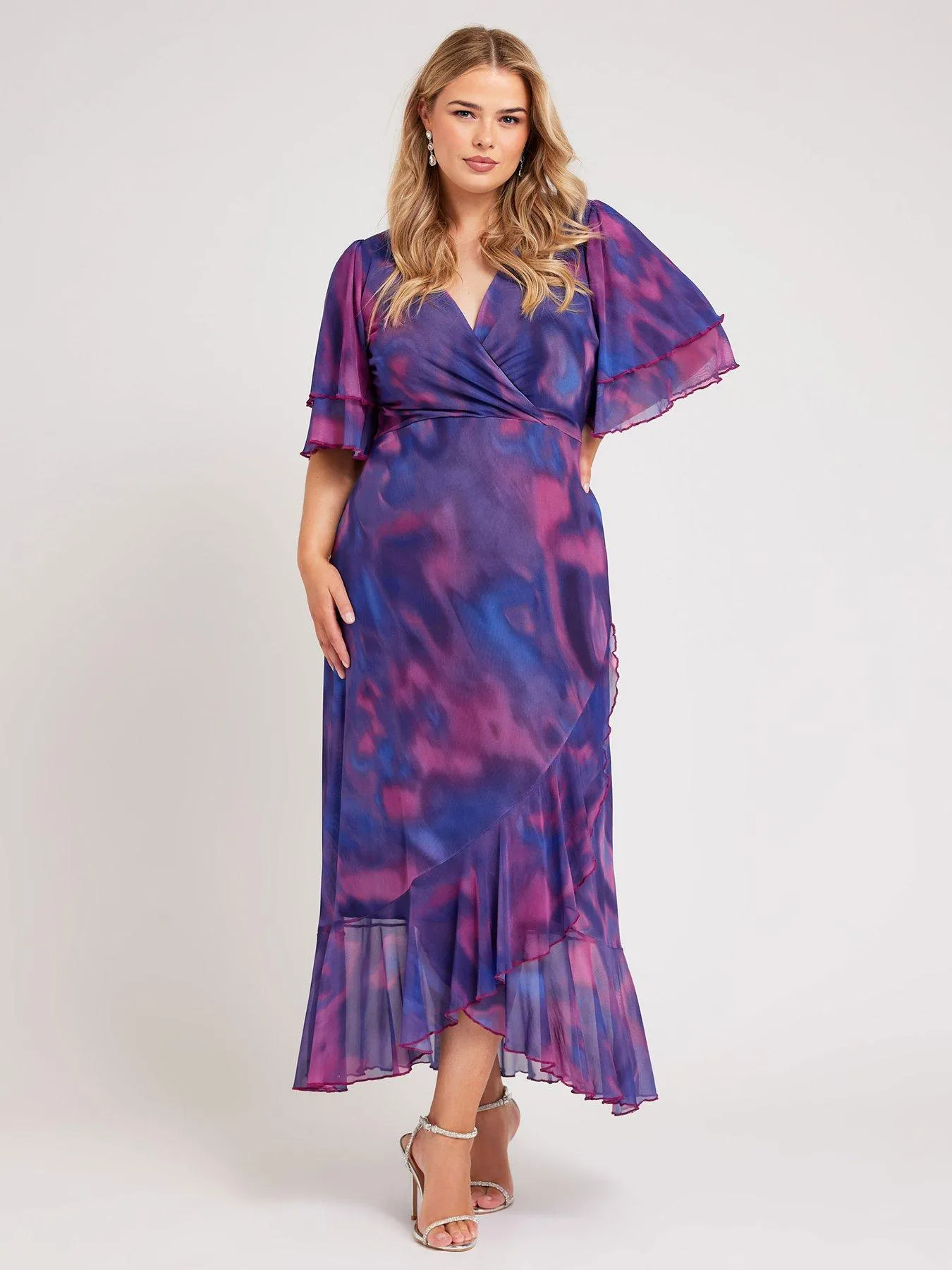 Yours Curve Abstract Ruffle Wrap Mesh Dress - Purple