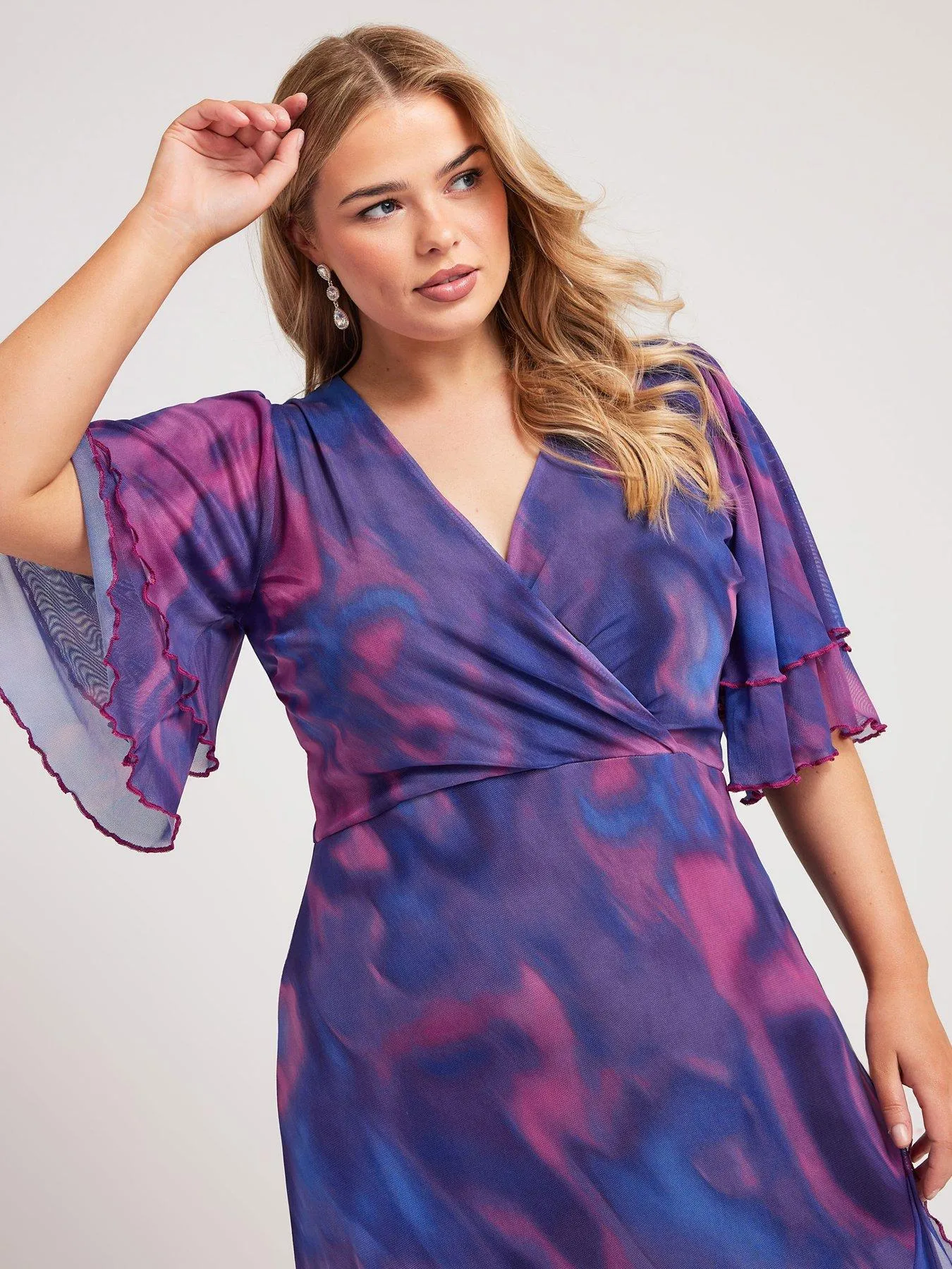 Yours Curve Abstract Ruffle Wrap Mesh Dress - Purple