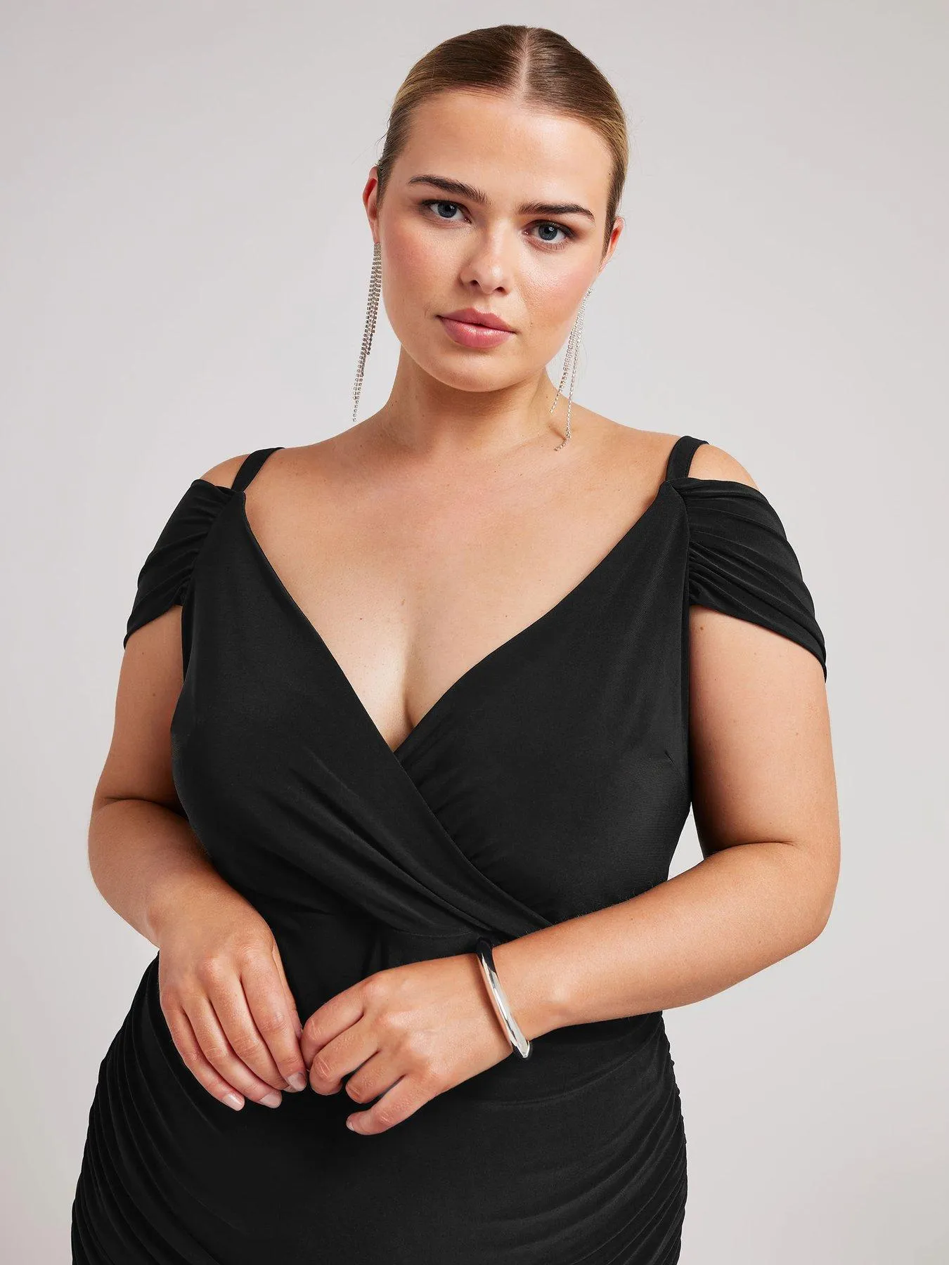 Yours Curve Cold Shoulder Wrap Ruched Dress - Black