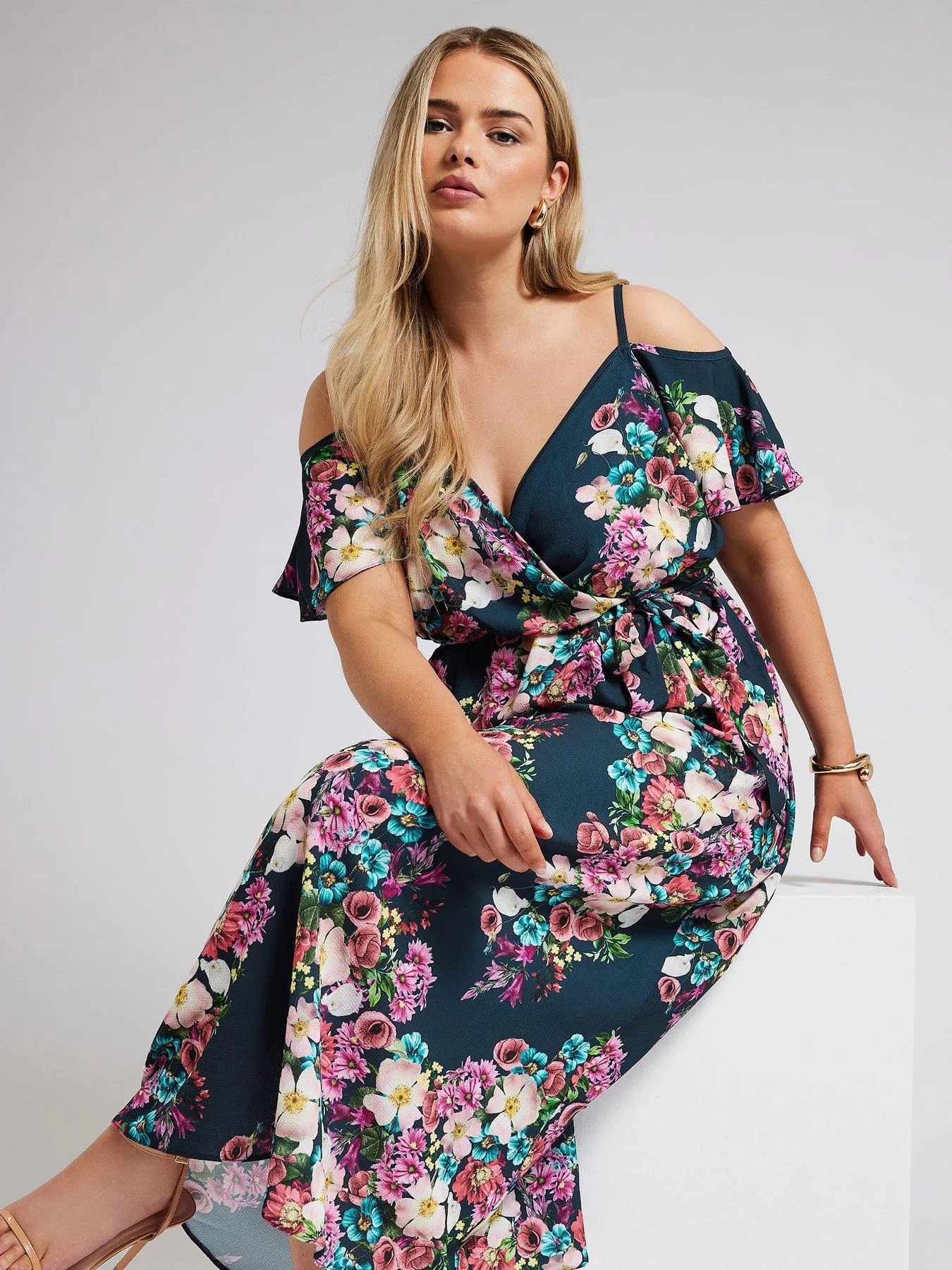 Yours Curve Floral Cold Shoulder Wrap Dress