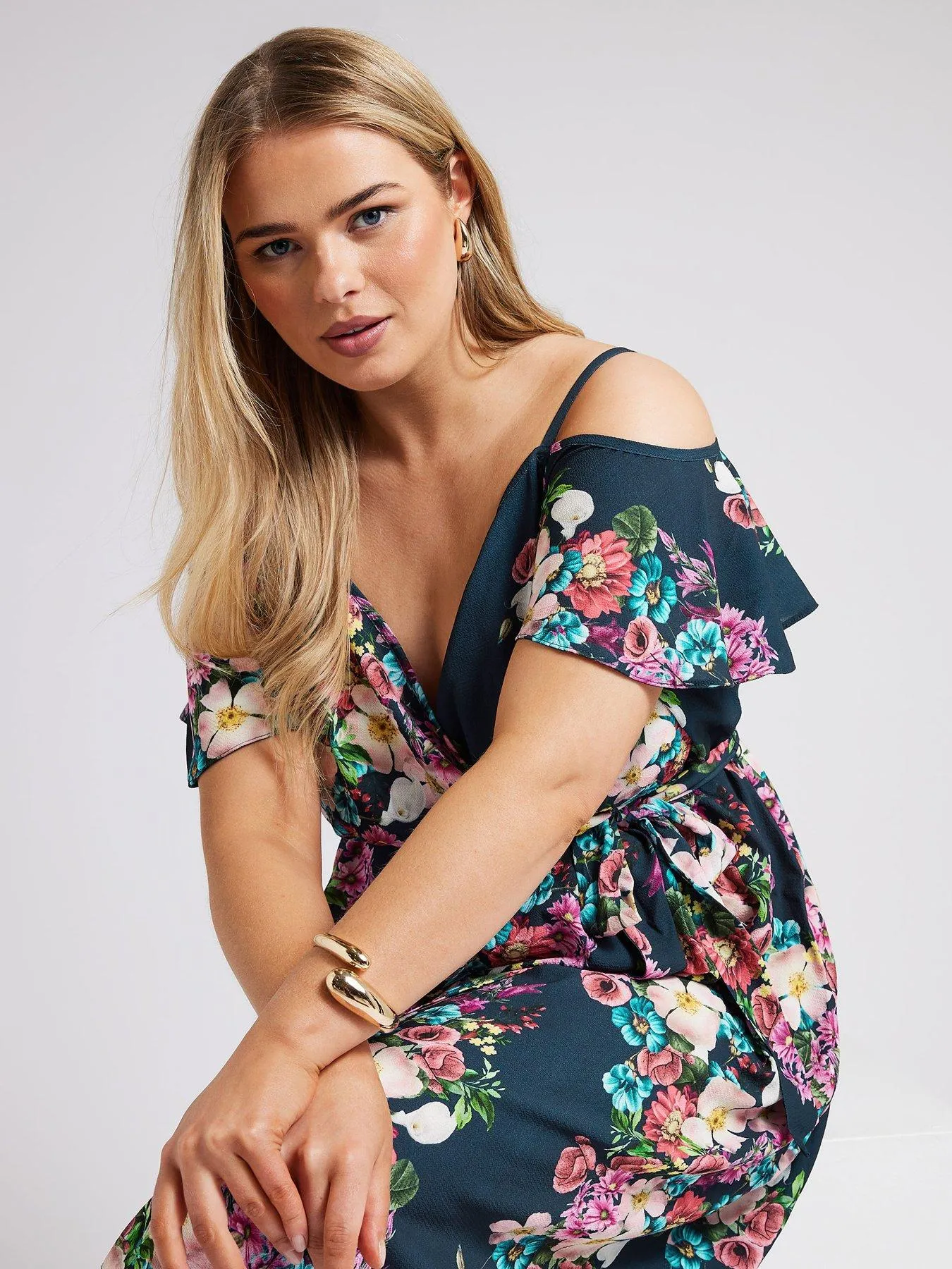 Yours Curve Floral Cold Shoulder Wrap Dress