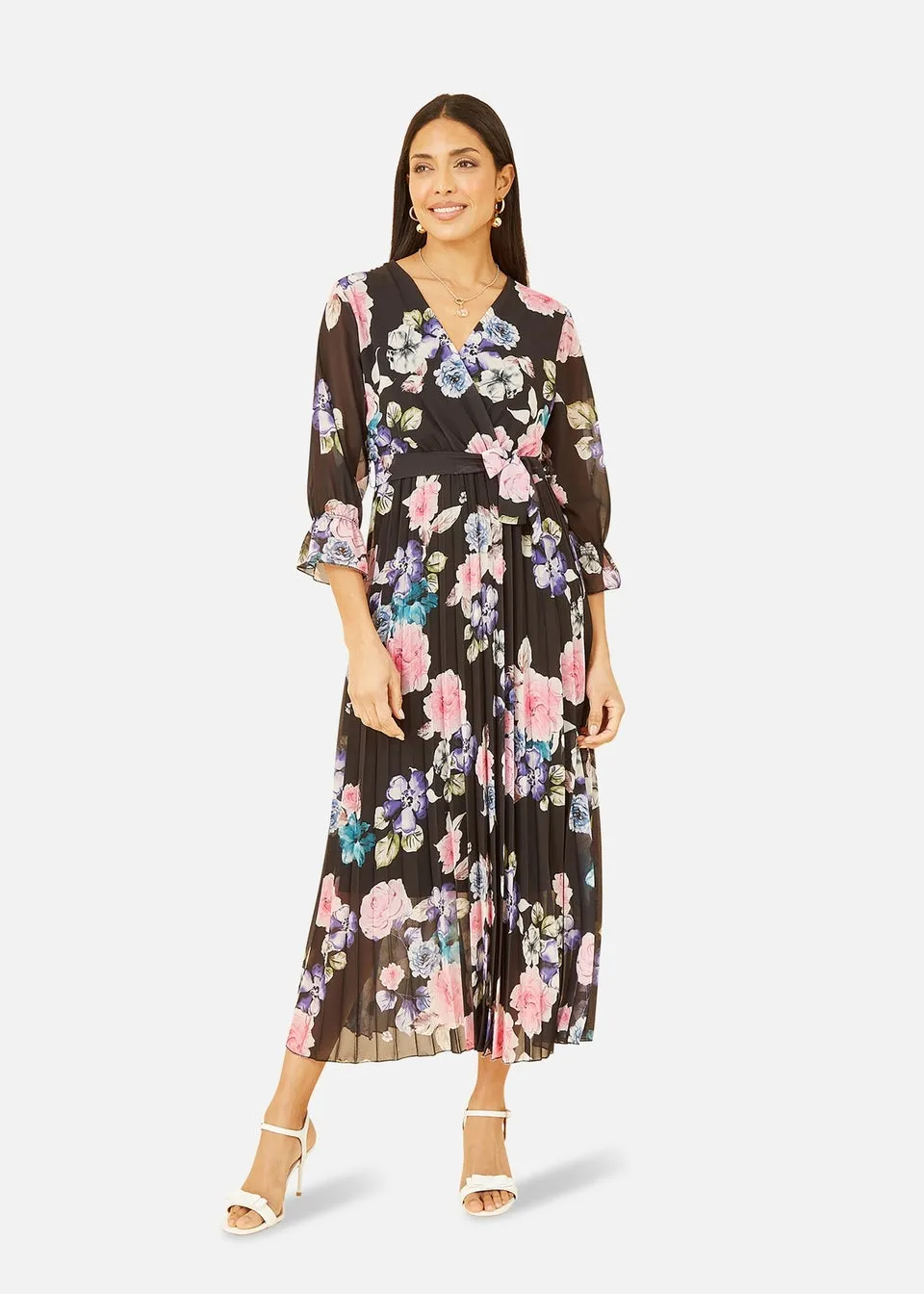 Yumi Black Floral Pleated Wrap Midi Dress