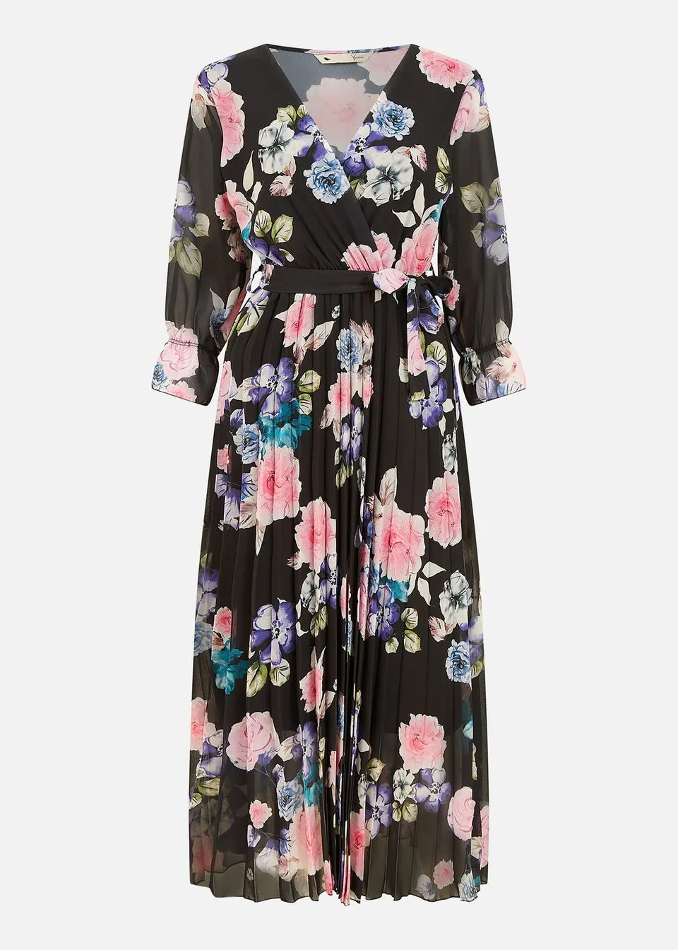 Yumi Black Floral Pleated Wrap Midi Dress