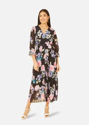 Yumi Black Floral Pleated Wrap Midi Dress