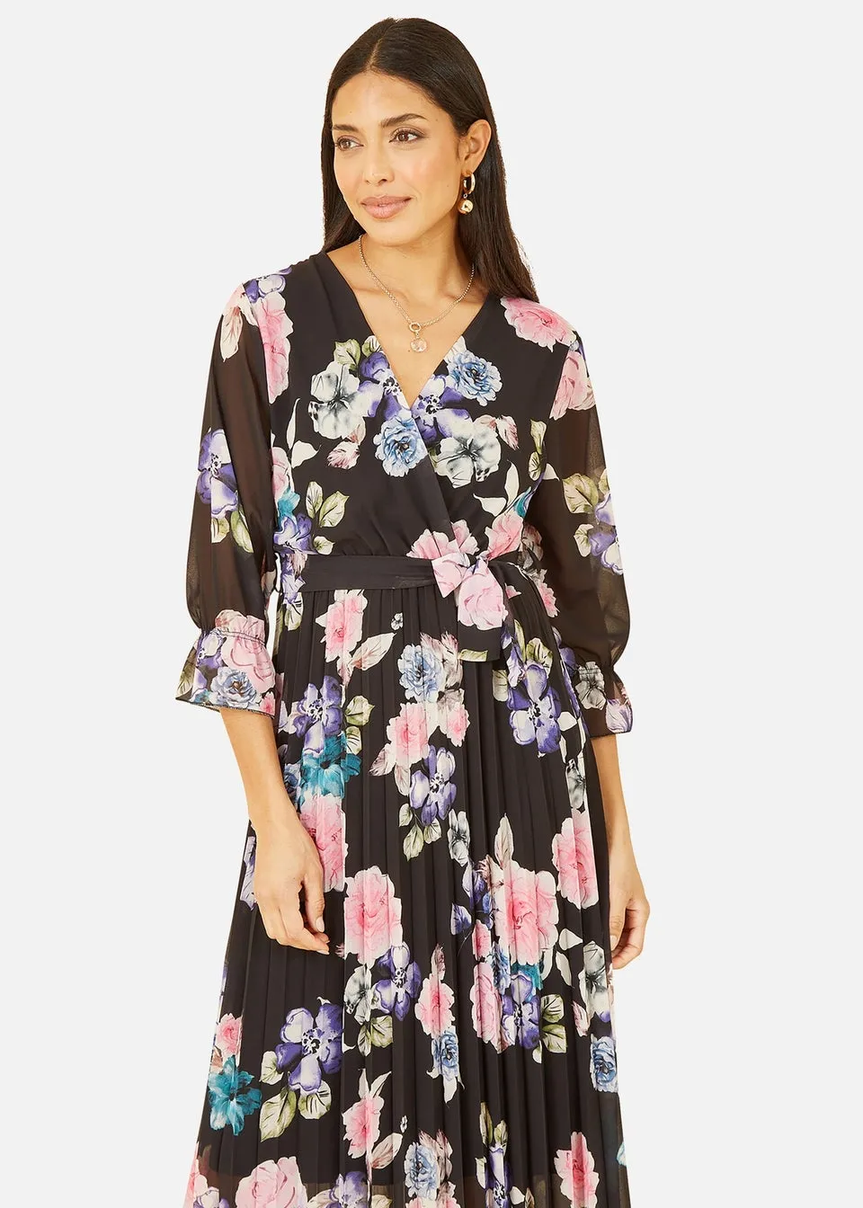 Yumi Black Floral Pleated Wrap Midi Dress