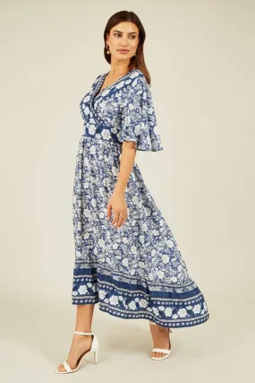 Yumi Blue Border Floral Print Wrap High Low Maxi Dress