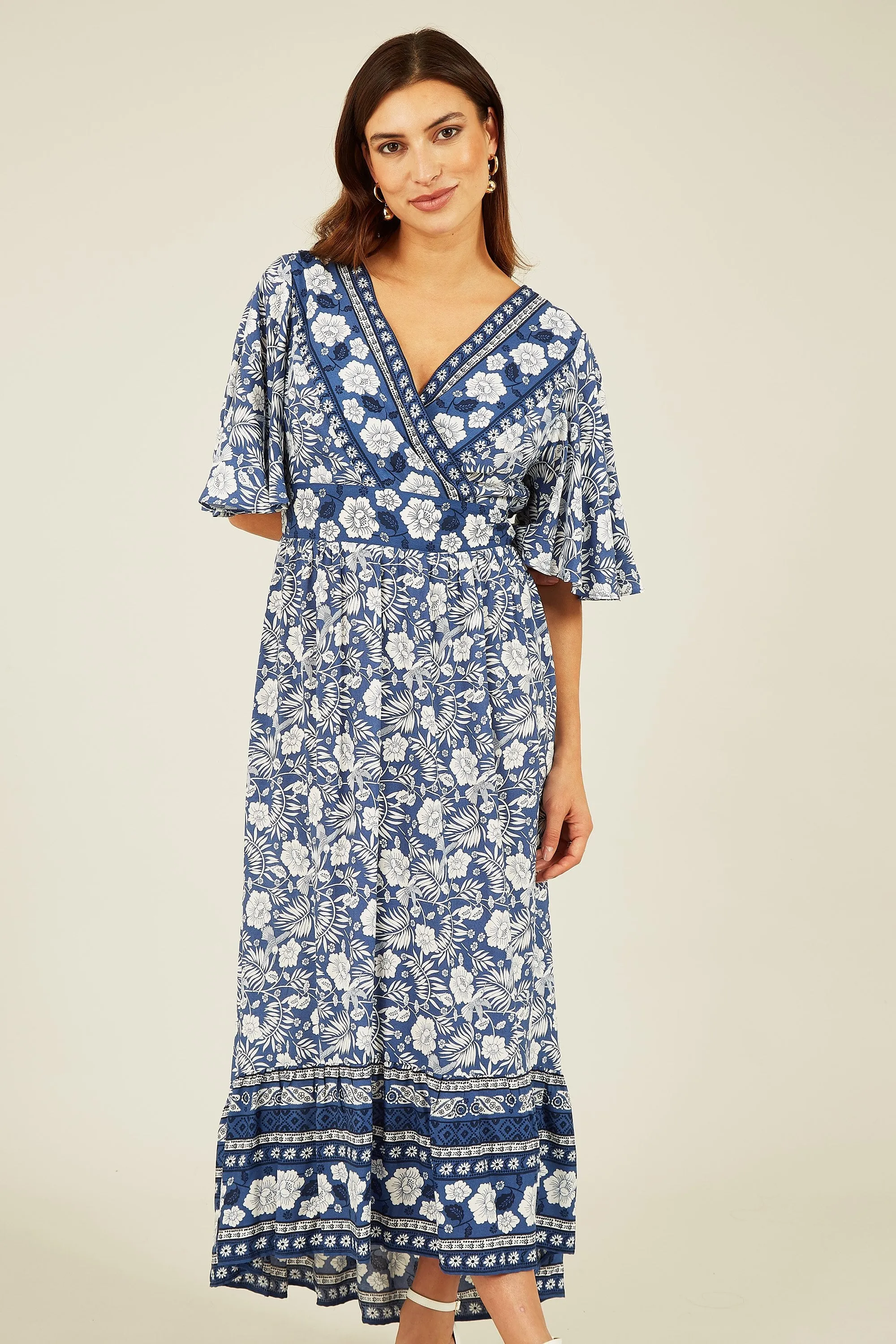 Yumi Blue Border Floral Print Wrap High Low Maxi Dress