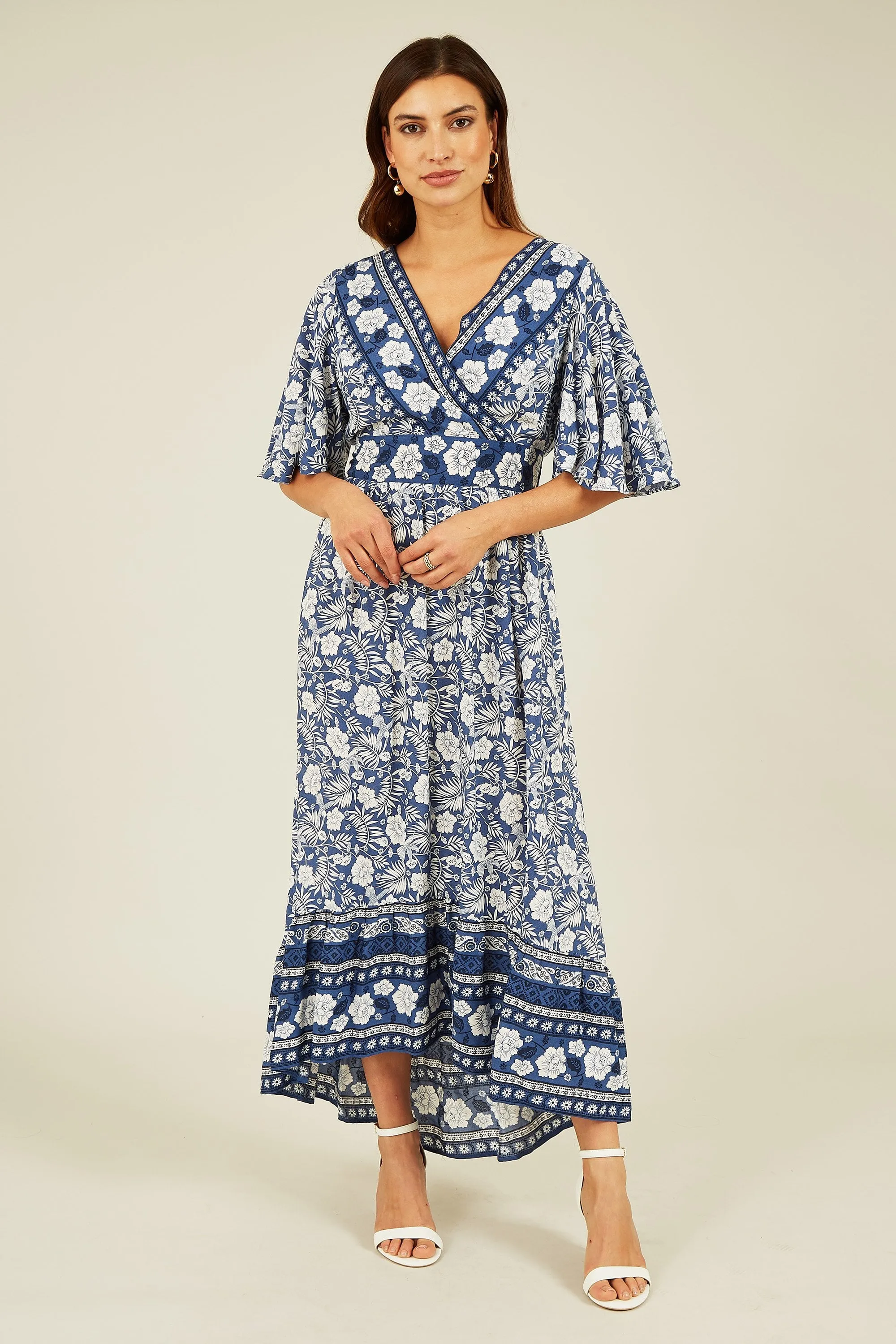 Yumi Blue Border Floral Print Wrap High Low Maxi Dress