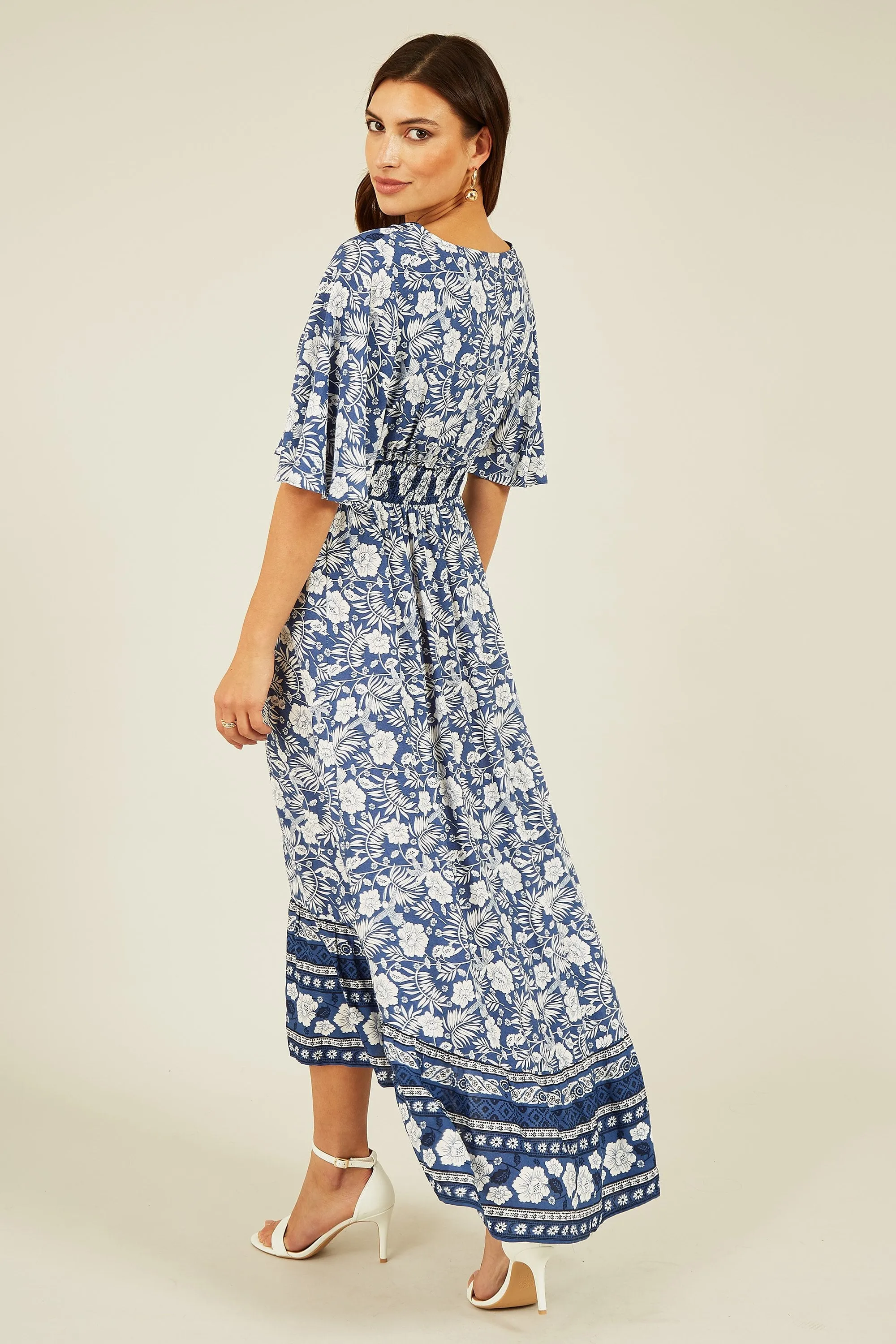 Yumi Blue Border Floral Print Wrap High Low Maxi Dress