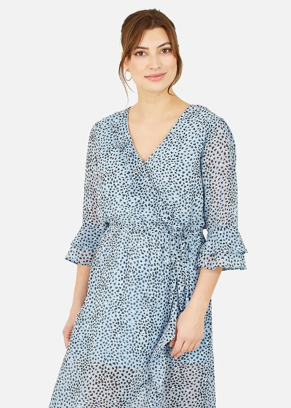 Yumi Blue Recycled Heart Spot Frill Wrap Midi Dress