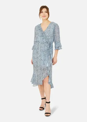 Yumi Blue Recycled Heart Spot Frill Wrap Midi Dress